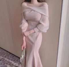 オフショルシースルーマーメイドワンピ ピンクゎ