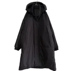 【M】中綿ロングコート フード付き　ポケット　ブラック ダウンジャケット　黒