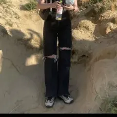黒 ダメージデニムパンツのサムネイル