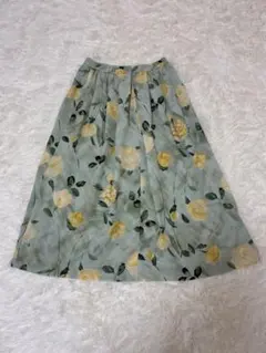 花柄フレアスカート グリーン イエロー 春夏 上品 ロング丈