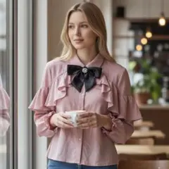 shein フリル付きピンク長袖シャツ