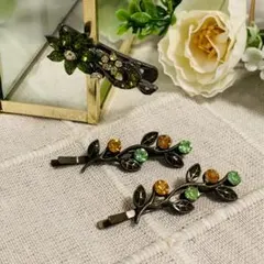 ヘアピン　リーフ　お花　モチーフ　カラーストーン　女の子　発表会　おでかけ　韓国