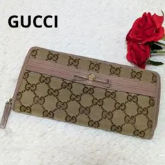 美品✨️グッチ 長財布 GGキャンバス ラウンドジップ リボン ベージュピンク