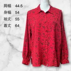 【訳あり】レトロブラウス　柄シャツ　開襟シャツ　赤　黒花柄 アジアン　大きめ