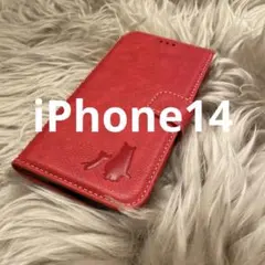 iPhone14 手帳型スマホケース　レザー　赤　猫　仔猫　シルエット　シンプル