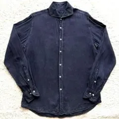 ★麻100％ XL★ LARDINI 長袖 シャツ 総柄 ホリゾンタルカラー 紺のサムネイル