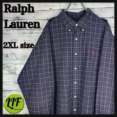 ラルフローレン 刺繍ロゴ 長袖 BDシャツ チェック柄 緑紺 2XL 5708
