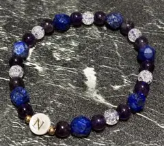 【オリジナル】天然石イニシャルN入り手作りブレス　多面ラピスラズリ×アメジスト