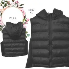 【ザラ】ZARA♡新品未使用♡フード付ベストジップアップ【XL】ショート丈♡黒