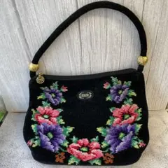 FEILER 花柄刺繍 ハンドバッグ 黒　シュニール織　美品