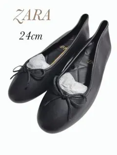 ZARA 超美品　リボン付き　ブラック　フラットシューズ パンプス　レザー
