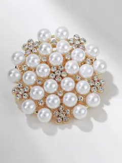 新品 人工パールとジルコニアのサークルブローチ ゴールド