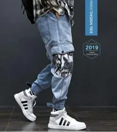 メンズ パンツ ジーンズ ハロンパンツ花柄　 細身 流行トレンド ゆったり大