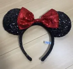 【美品】ディズニー ミニー カチューシャ スパンコール キラキラ 黒×赤