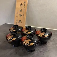 レア品/未使用 象彦 天然木 うるし塗 曇錦 蓋付き汁椀 雑煮椀×5個