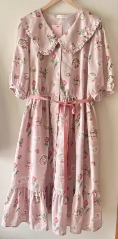 新品タグ付き青木美沙子メロディバスケットフラットカラーワンピプラスサイズピンクのサムネイル
