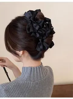 【残りわずか‼️】1841 大きめリボン バンスクリップ 黒 韓国 ヘアクリップ
