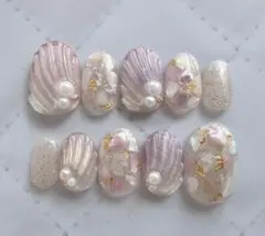 貝殻ネイル ピンク パープル シェルネイル/ショートオーバルのサムネイル