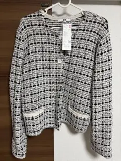 UNIQLO オフホワイト チェック柄 ノーカラージャケット XXLのサムネイル