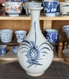 鶴首徳利 パイナップル文様 高さ24.5cm 古伊万里染付 花入れ インテリア 鶴首徳利 パイナップル文様 高さ24.5cm 古伊万里染付 花入れ