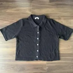 FASHIRU 麻混メッシュニットカーディガン 半袖 クロシェ ブラック