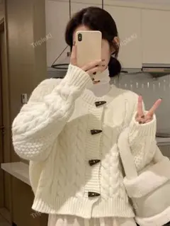 SHEINホワイトケーブルニット ダッフルカーディガン Mサイズ【元値¥3000