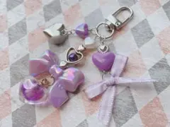 ハンドメイド ビーズキーホルダー ハート リボン 紫 推し活 韓国