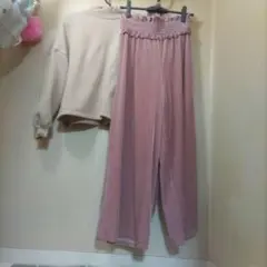 【セット販売】ベロア素材 ワイドパンツ くすみピンク 短め丈トレーナー