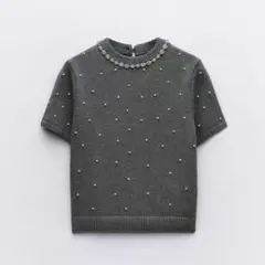 ZARA ラインストーン&フェイクパールニットセーター ビジュー 半袖 グレー