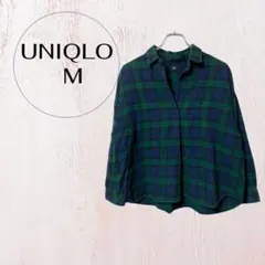 ユニクロ フランネルチェックスキッパーシャツ 長袖 M グリーン✖️ネイビー