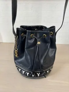 yves saint laurent 巾着　レザー　ショルダーバッグ　ネイビー