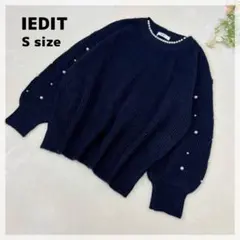 【イエディット】リブニットトップスSネイビーパール付ききれいめゆったり