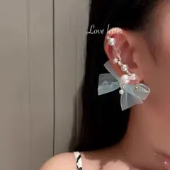 No.36M パールビーズブルーリボンイヤーカフ型片耳ピアス 韓国 量産型 地雷