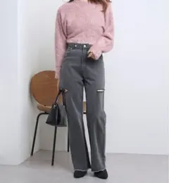 Chico サイドスリットダメージデニムパンツ グレー