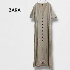 ザラ ワンピース ロング丈 Vネック 半袖 フロントボタン フレアスリーブ L
