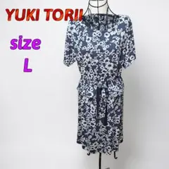 YUKITORII　ユキトリイ　花柄　総柄　半袖ワンピース　ウエストリボン　Lのサムネイル