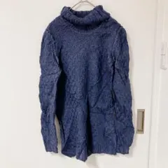 古着✨ネイビー タートルネック ニット 長袖　通勤　通学　セーター　無地　紺色