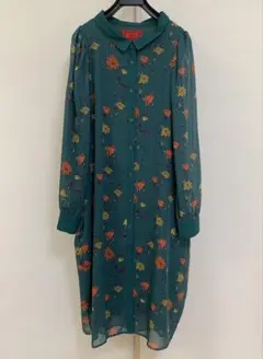 somari レトロ花柄シフォンワンピース長袖 グリーン系　ゆったりフリーサイズのサムネイル