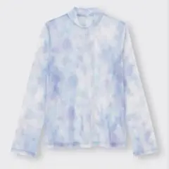 GUシアープリントハイネックTブルー M