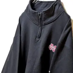 アディダス ミシシッピ州立大学 刺繍 ハーフジップスウェットブラック黒L古着