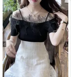 レースオフショルダーニットトップス dr689 ブラック sサイズ