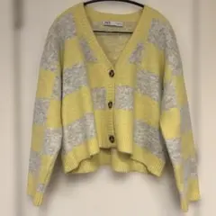 ZARA ニットカーディガン　黄色　ブロックチェックのサムネイル