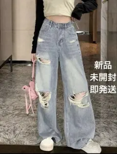 【新品・即発送】SHEIN ワイドレッグ ウォッシュ加工 ダメージデニムのサムネイル