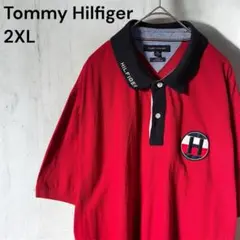 トミーヒルフィガー 2XL 赤 刺繍ワッペンロゴ ポロシャツ ストレッチ素材