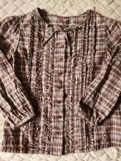 PINK HOUSE 長袖ブラウス　茶ロゴ入りチェック　リボン　ピコフリル　M