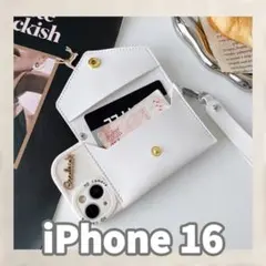 iPhone16 財布型 ケース ホワイト 鹿 ストラップ ロングショルダー