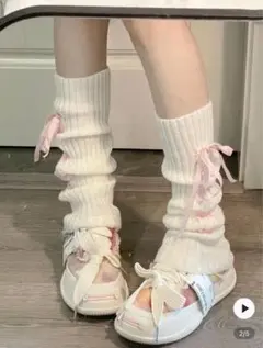 リボン付きホワイトニット レッグウォーマー