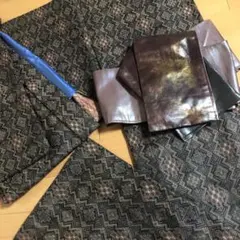 ウールアンサンブル　単衣小紋と羽織のセット　黒×茶×カーキのゴシック調モダン