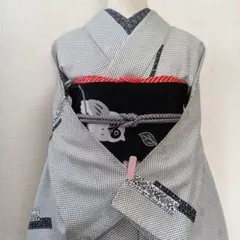 白黒系　水玉・ドット・短冊・花唐草　小紋　単衣　化繊