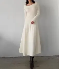 アシメオフショル風ニットフレアワンピ
